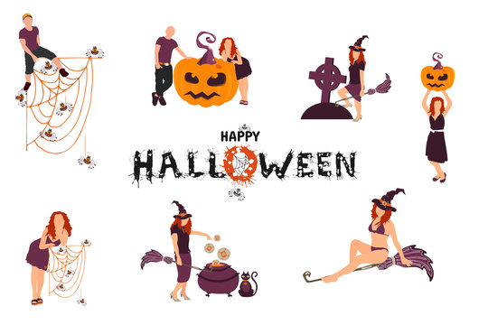 Happy Halloween party people set. Pumpkin with scary face, girl in witch hat and broomstick, giant spider web net with many smile spiders. Color vector illustration for party banner, poster, flyer
