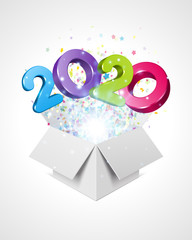2020 3d numbers flying from surprise gift box on white background vector illustration