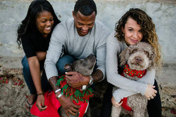 Family hugs dogs, smiles sitting on beach at sunset