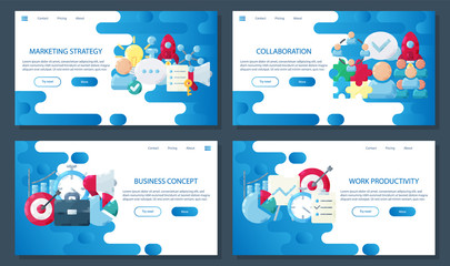 Productivity banners set. For landing page business app. Management business vector flat style