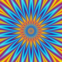 Blue Star Orange Star / A digital fractal image with an optically challenging pointed geometric star design in blue, orange, yellow, red and violet. - 294715684