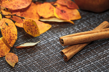 Ripe autumn apples on a background of orange leaves 