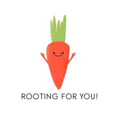 Vector illustration of a fun carrot character with the funny pun 'Rooting for you!' Cute vegetable design concept.