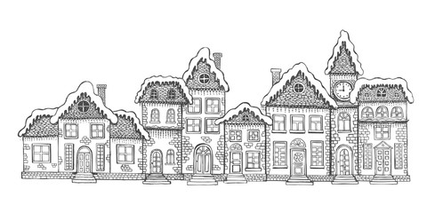 Christmas Greeting card. Illustration of houses. Set of hand drawn buildings. 