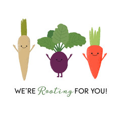 Vector illustration of happy carrot, beetroot and parsnip characters with the funny pun 'We're rooting for you!' Cute vegetable design concept. - obrazy, fototapety, plakaty