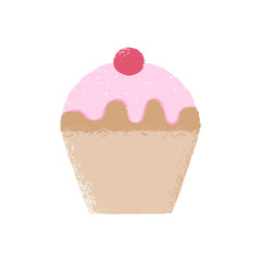 Vector illustration of a cute textured cupcake with pink icing and a cherry.