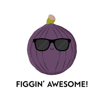 Vector illustration of a fig character wearing sunglasses with the funny pun 'Figgin' Awesome!' Cheeky design concept.