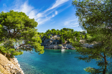 Fototapeta na wymiar Beautiful nature of Calanques on the azure coast of France. Calanques - a deep bay surrounded by high cliffs.