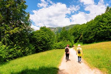 Scenery of Bohinj Lake in Slovenia. People with backpack hiking and Nature in Slovenija. Backpackers at green forest. Beautiful landscape in summer. Alpine Travel destination. Alps mountains