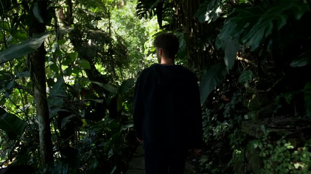 MCU - Following young male model walking through dense jungle in Xilitla, Mexico