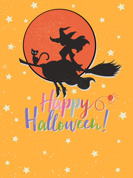 Halloween greeting card concept with pretty witch flying on a broomstick against orange background of full moon. Vector illustration.