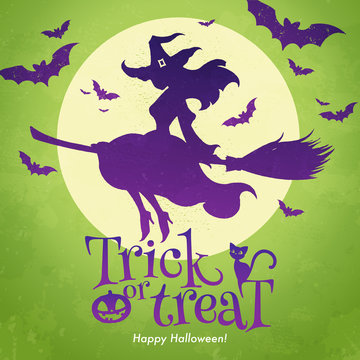 Trick or Treat banner. The pretty witch flies on a broomstick against green background of the full moon. Halloween greeting concept. Vector illustration.