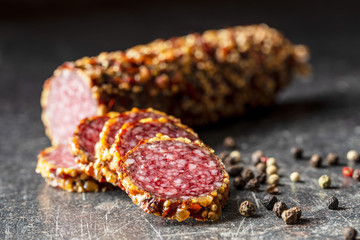 Sliced spicy salami sausage