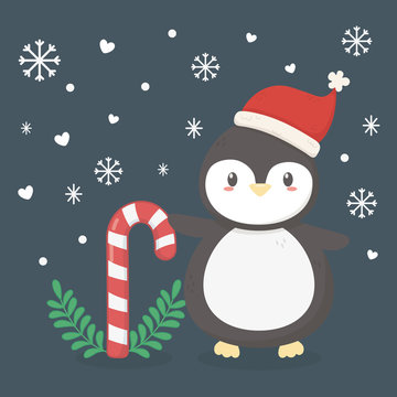 penguin with hat and cany cane celebration merry christmas poster