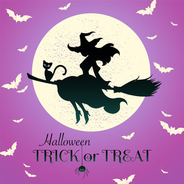 Trick or Treat banner. The pretty witch flies on a broomstick against purple background of the full moon. Halloween greeting concept. Vector illustration.