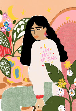 Illustration of woman with text on jacket