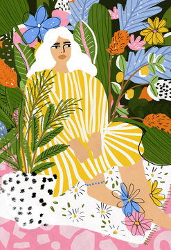 Illustration of woman sitting in garden