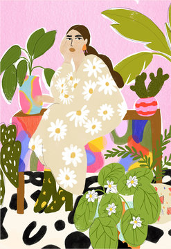 Illustration of woman sitting on bench in garden