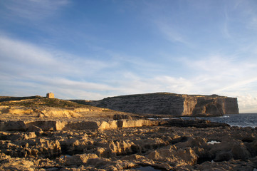 Fungus Rock and landscape of Dwejra Bay next to Azure Window (it-Tieqa Żerqa) in Xlendi, Gozo