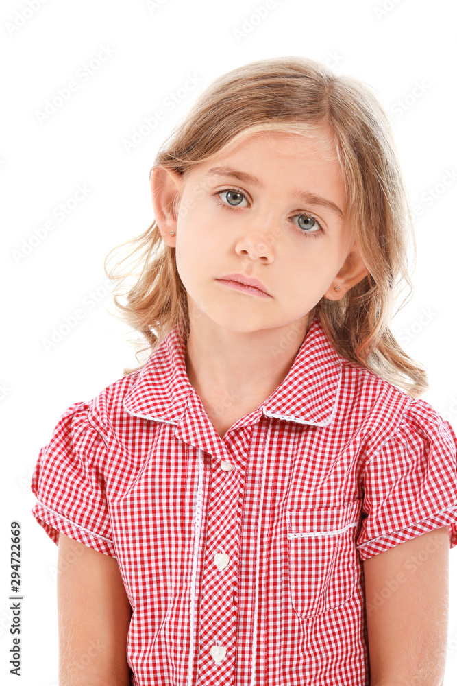 Poster Sad little girl on white background