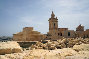 Side view of the Cathedral of the Assumption in the Cittadella of Victoria in Gozo, Malta