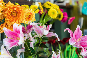 USA, Washington State, Seattle, Pike Place Market. Variety of cut flowers for sale.