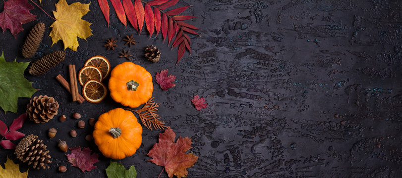 Autumn leaves, pumpkin, pine cones and nuts on black background with copy space. Thanksgiving concept. Flat lay, layout, room for text