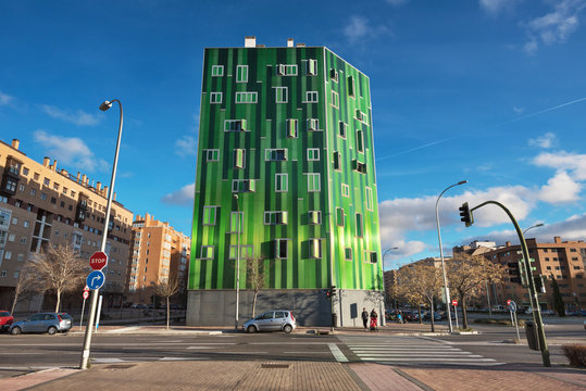 Madrid, Spain - January 4, 2018 : Green modern residential building in Vallecas district, Madrid, Spain.