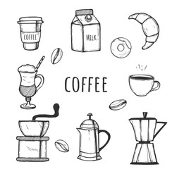 Coffee equipment and snacks icons set