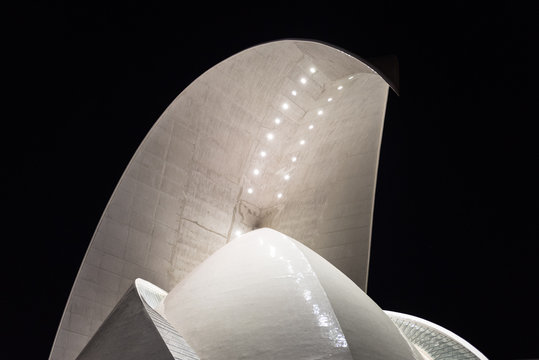 Santa Cruz de Tenerife, Spain - February 12, 2018: Night scene detail of famous landmark Tenerife Auditorium, futuristic and inspired in organic shapes, building designed by Santiago Calatrava.