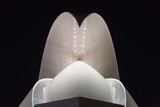 Santa Cruz de Tenerife, Spain - February 12, 2018: Night scene detail of famous landmark Tenerife Auditorium, futuristic and inspired in organic shapes, building designed by Santiago Calatrava.