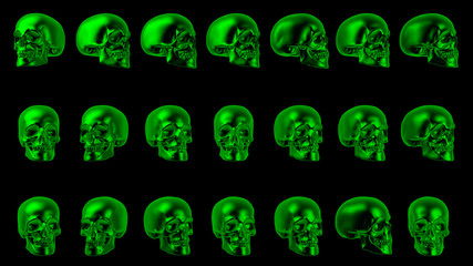 Green human skulls halloween background. 3d illustration with glow neon skull