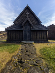Obraz premium Stafkirkjan wooden church on the island of Heimaey in the Vestmannaeyjar archipelago in Iceland