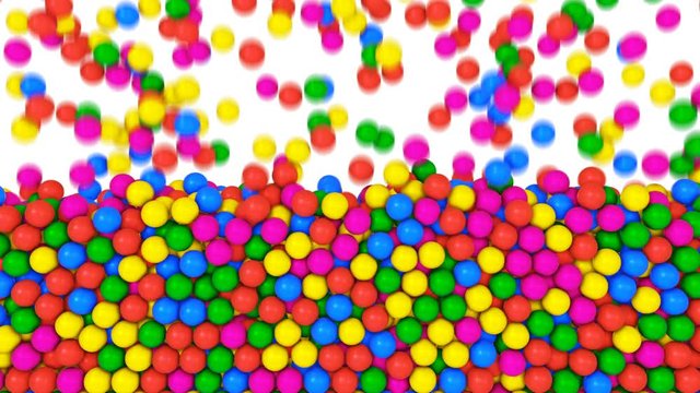 Pile of gumballs fill screen with colorful rolling and falling balls. Multicolored spheres in pool for children fun abstract transition. Bright 3D animation for composite overlay with alpha channel