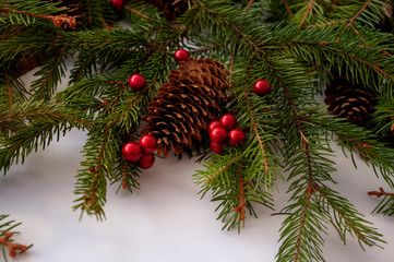 Fototapeta na wymiar Christmas holiday picture in red and green colors, cones, green spruce branches, red balls, berriesю Background for New Year and Christmas. Postcard.