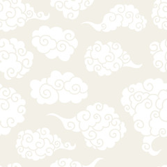 Fototapeta premium Chinese clouds smoke vector seamless pattern. Japanese, oriental style textile ornament. Golden outline swirls, curls background. Colored Asian traditional holidays postcard backdrop, wrapping texture