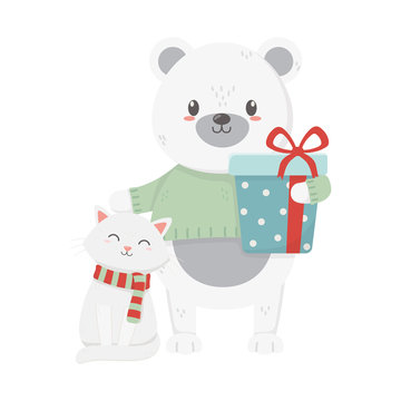 polar bear and cat with wrapped gift celebration merry christmas