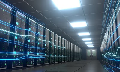 3D server room/ data center - storage, hosting, fast Internet concept