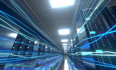 Obraz premium 3D server room/ data center - storage, hosting, fast Internet concept