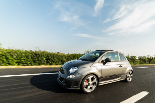 Udine,Italy Sept 11,2016:Photo of a Abarth 595 Competizione Cabrio.The 595 differs for that Tourism for the aggressive appearance and a few deliberately exaggerating the sporty character.
