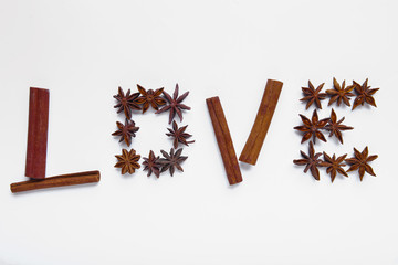 Word LOVE made of spices on color background