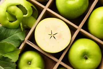 Fresh ripe apples in box