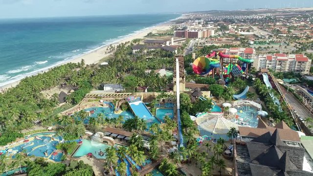 Aerial view of the Beach Park, at Porto das Dunas Beach. Brazilian park near the beach. 4K.