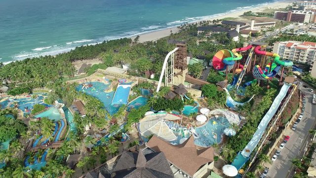 Aerial view of the Beach Park, at Porto das Dunas Beach. Brazilian park near the beach. 4K.