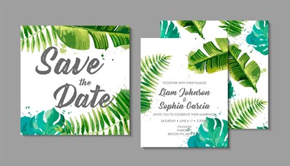 Wedding invitation suite with exotic tropical leaves.