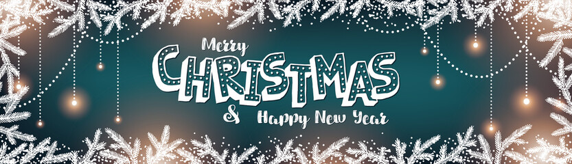 Merry Christmas blue background with shining light garland and fir branches