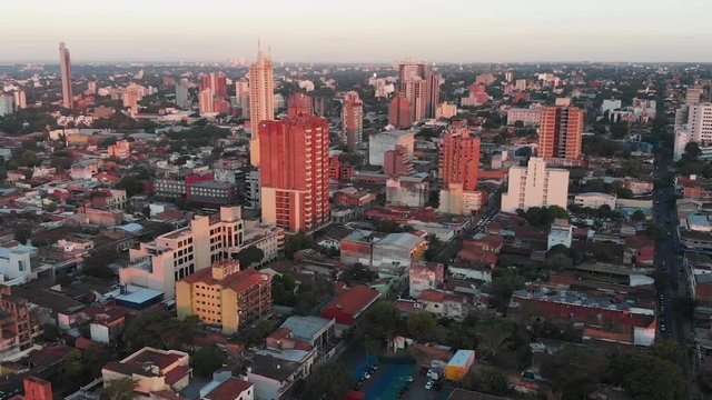 Buildings, Skyscrapers, River, Sunset, Asuncion capital of Paraguay, aerial view