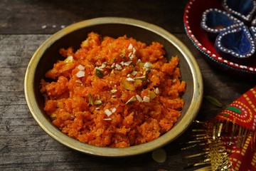 Homemade carrot Halwa /Indian festival Diwali sweet, selective focus