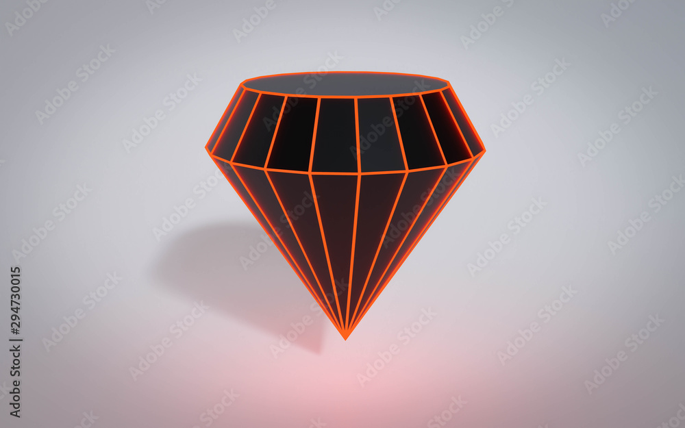 Poster glowing geometric random dark polygonal diamond with red wire mesh, modern science and tech object 3