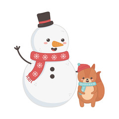 snowman and squirrel with hat scarf celebration merry christmas